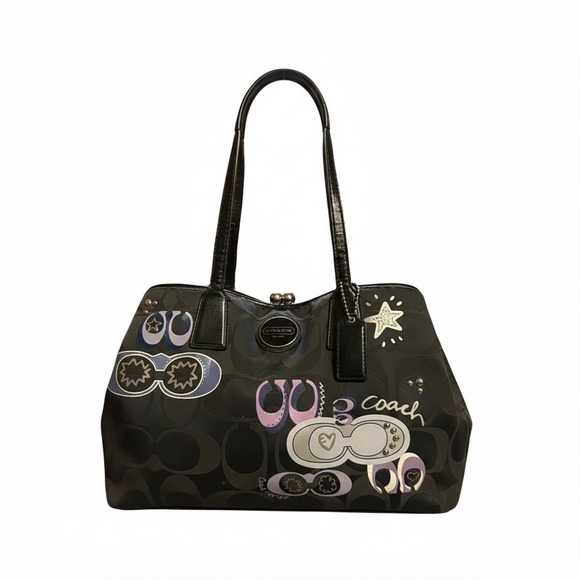 Coach Handbags - Coach Optic C Signature C Applique Poppy Glam Kisslock Tote Bag Black Purple